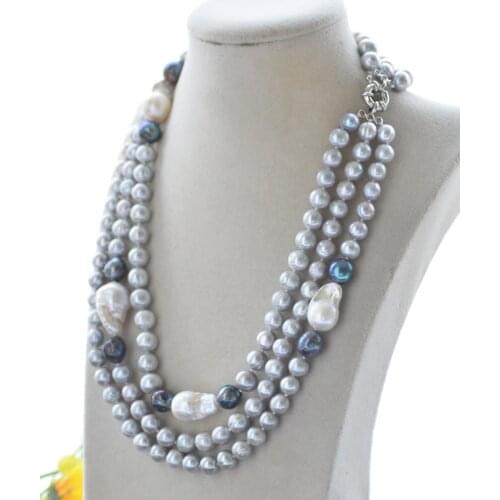 Z10707 3Row 19" 17mm Gray Round Black Keshi Baroque Pearl Necklace