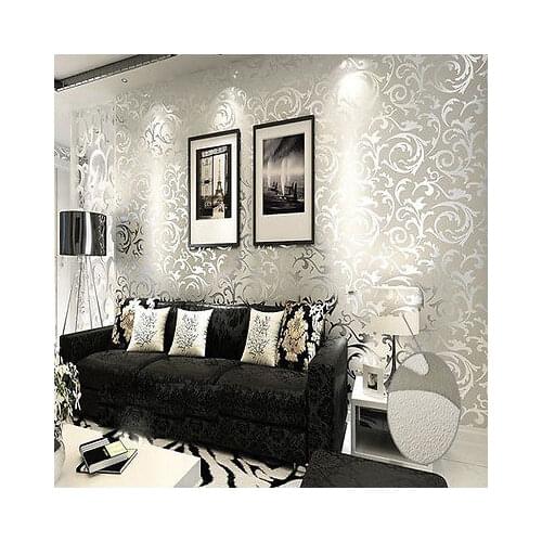 Q QIHANG High-grade Flocking Wallpaper Roll silver and gray Color 0.53M*10M=5.3 SQM