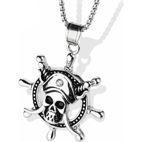 RIR Pirate of The Caribbean Necklace Dead Pirate Skull Captain Rudder Pendant Silver Gold Viking Necklace Movie Men Jewelry Gift