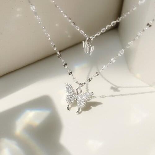 Silver Color Shiny Butterfly Necklace Female Exquisite Double Layer Pendant Clavicle Chain Necklace Wedding Party Jewelry Gifts