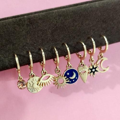 JUST FEEL New Minimalist Star Moon Hoop Earrings For Women Girls Gold Color Fashion Charm Small Tiny Eyes Hoop Earrings Jewelry