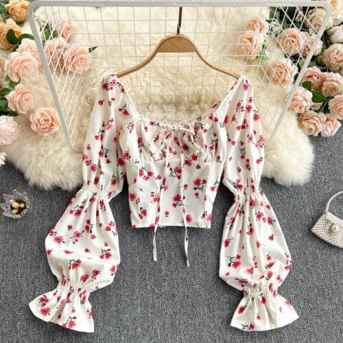 SINGREINY Women Bohemian Floral Blouse Korean Style Sweet Square Collar Slim Short Tops Spring Elastic Ruched Streetwear Blouses