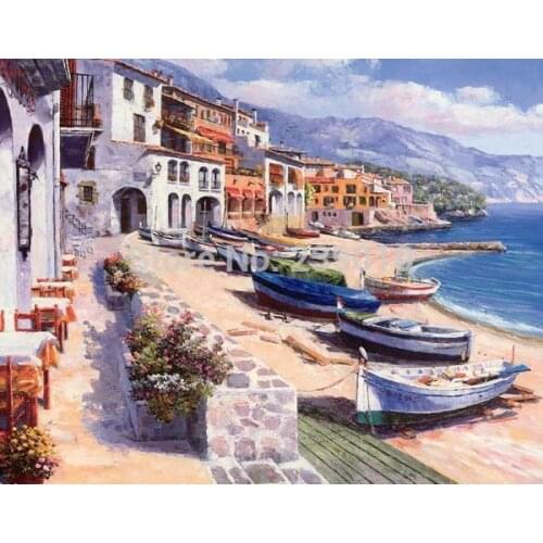 Mediterranean sea oil painting printed on canvas Beach boat building landscape canvas prints european style picture