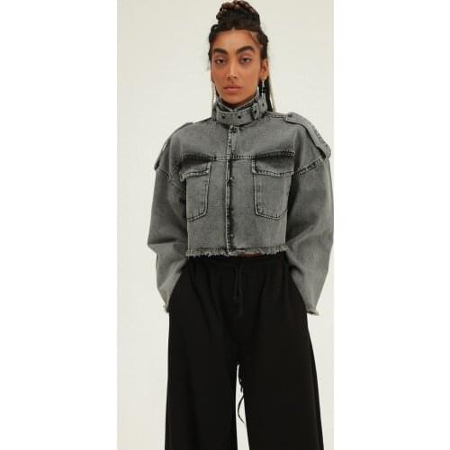 Gray Oversize Crop 100% Cotton Epaulettes Detailed Denim Jacket Womens Military Casual Daily Street Style