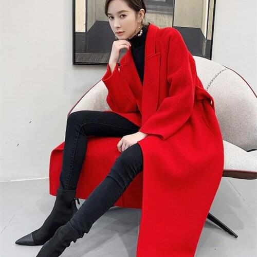 High-end Autumn Winter 2021 Long Red Woolen Coat Women Korean Fashion Belt Slim Double-Sided Cashmere Suit Collar Designed Coat