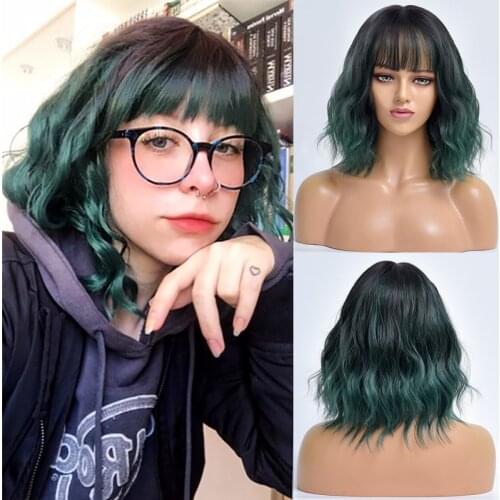 Green Short Wave Hair Ombre Natural Synthetic Wig With Bangs For White Women Cosplay Wavy Curly Heat Resistant Female Fiber Wigs