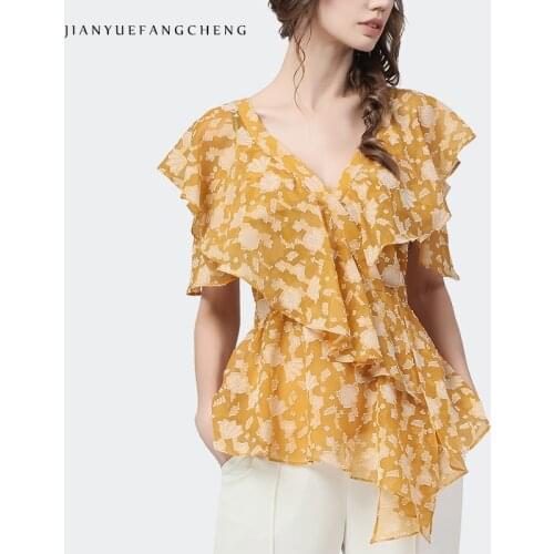 2021 Summer New Women Chiffon Blouse Irregular Hollow Out Short Sleeve V-Neck Tops Fashion Ruffles Yellow Floral Office Blouses
