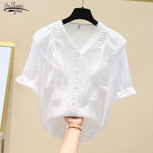Summer 2021 Women Shirts Blouse Korean Ruffle Stitching Puff Sleeve Women Top V Neck Loose Pleated Lace Female Short Shirt 15159