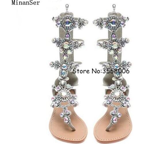 Handmade Rhinestone Lady Knee High Boots Summer Gladiator Designed Crystal Flats Sandal Boots Shoes Open Toe Shoes Plus Size 13