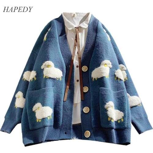 2020 Autumn New Knit Female Cardigan Loose Streetwear Thick Sweater Coat Lazy Cute Print V Neck knitted cardigan Women Jacket