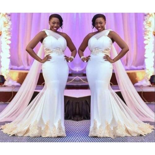 Plus Size African Arabic Mermaid Wedding Dresses One Shoulder Appliques Lace Long Ribbons Formal Bridal Gown Robe de Mariage