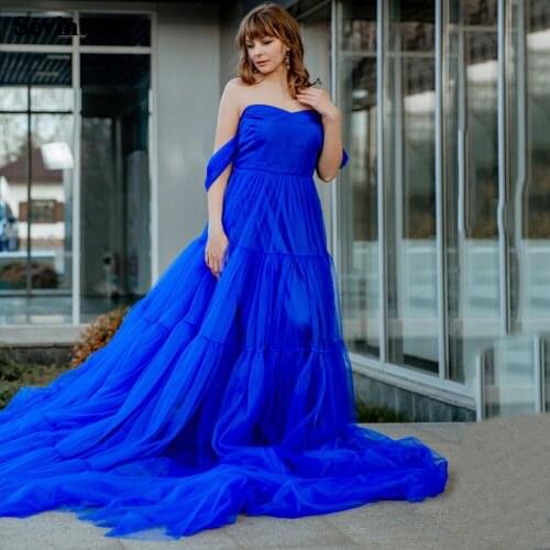Sevintage Royal Blue Long Prom Dress Corset Back Tiered Tulle Evening Dresses Off The Shoulder Women Formal Special Party Gowns