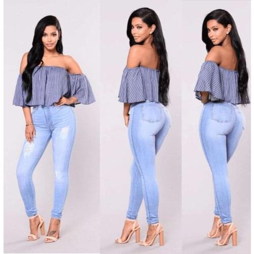 2018 Spring Autumn Plus Size S-2XL Women Denim Pants Skinny Hole Jeans Females Blue Pencil High Waist Trousers