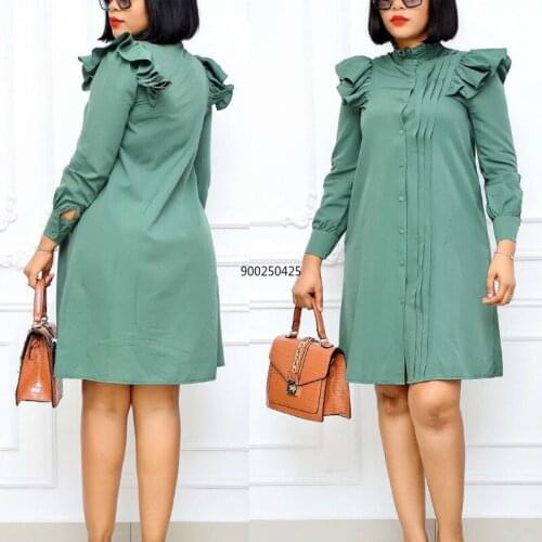 2020 Summer Elegent African Women Solid Color Long Sleeve Plus Size Shirt Dress European Clothing African Dresses for Women