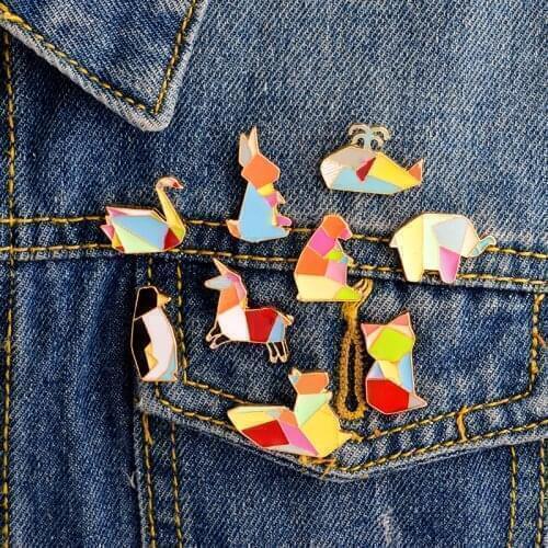 9PCS/SET swan fox Elephant Cat penguin squirrel Origami animal pin set Badges Hard enamel pins Brooch Animal jewelry