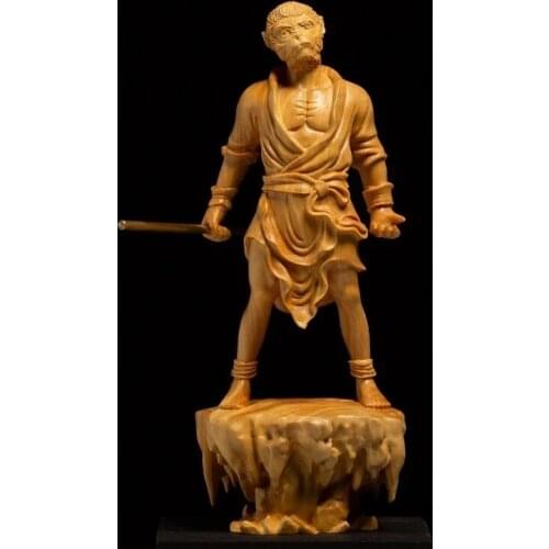 Boxwood 17CM Monkey King Sculpture Wood Sun Wukong Buddha Statue Myths Feng Shui Home Decor