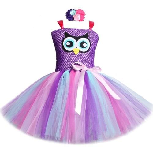Cute Owl Children Dresses Girls Cartoon Costume for Halloween Party for Kids Animal Tutu Dress with Flowers Headband Outfits