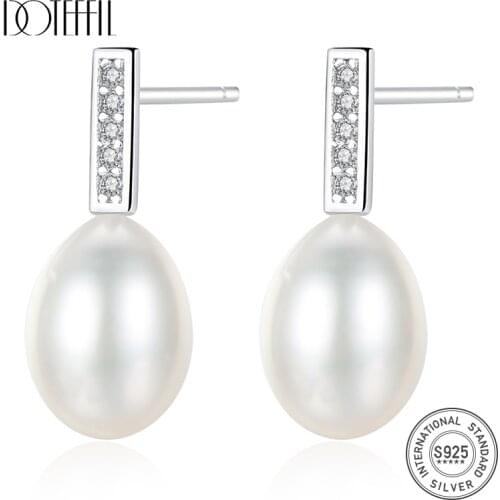 DOTEFFIL Authentic 925 Silver Zircon Drop Earrings 8MM Natural Freshwater Pearl Earrings For Women Jewelry Gift Free Shipping