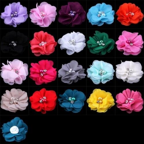 10pcs/lot 2" 20Colors Artificial Fabric Flowers For Headbands Chiffon Flower With Rhinestone Button For Girls Hair Accessories