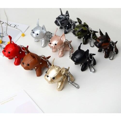 Classic Leather Mini Bulldog Puppy Keychains Cute Animals Punk Charm Bag Car Key Chains Pendant Accessories Trinkets