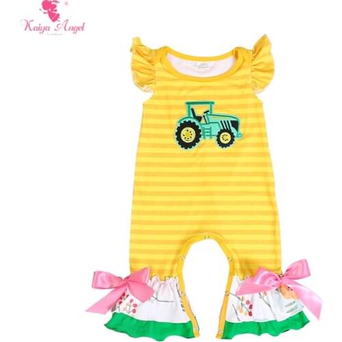 Kaiya Angel Hot Sales Baby Girls Summer Clothes Green Tractor Printed Striped Newborn Kids Fashion Romper Accept Custom Style