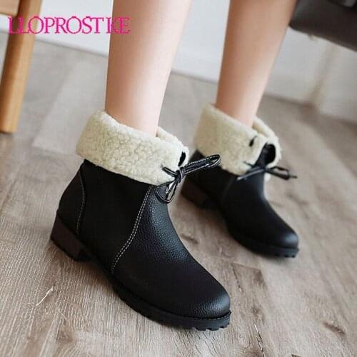 Lloprost ke Fashion Red Yellow Black Thick Chunky Heels Lace Up Warm Snow Boots Womens Winter Shoes Plus Size Ankle Boots Female