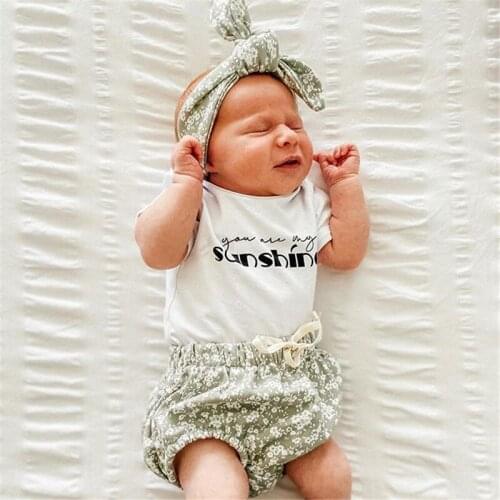 Fashion Lovely 0-18M Newborn Infant Baby Girl Clothes 3pcs Sunshine Letter Print Romper Tops+Floral Print Triangle Shorts Set