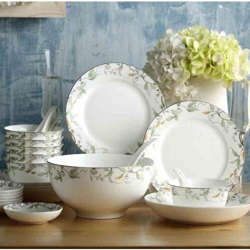 26-piece set, fine bone china porcelain dinnerware set, leaf paining, bowl and plate set, kitchen dinner serving, tableware gift