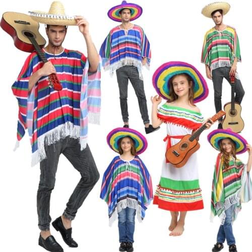Halloween Adults Kids children stripe Mexico dress costume Cloak cape straw hat for women men performance costumes Mexican suit