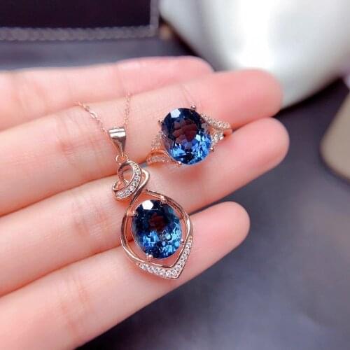 925 Silver New Fashion Jewelry Set Imitation Natural Blue Topaz Exquisite Pendant Tenderness Like Water Necklace Ring For Women