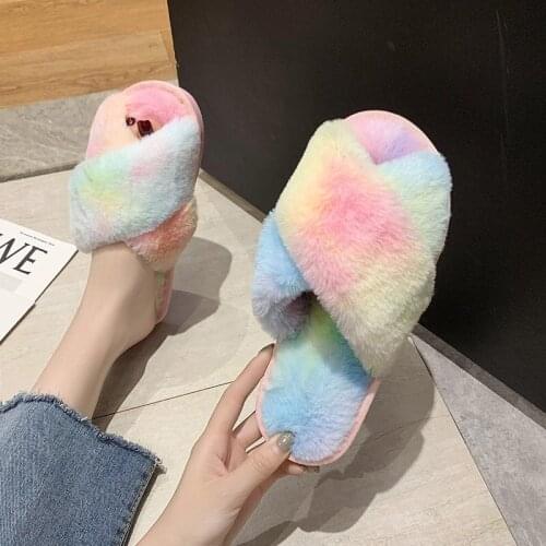 WEIBATE Women Fluffy Winter Sandal Cross Plush Open Toe Sandal Soft Flat Shoes Warm Faux Fur Slipper Home Female Shoes