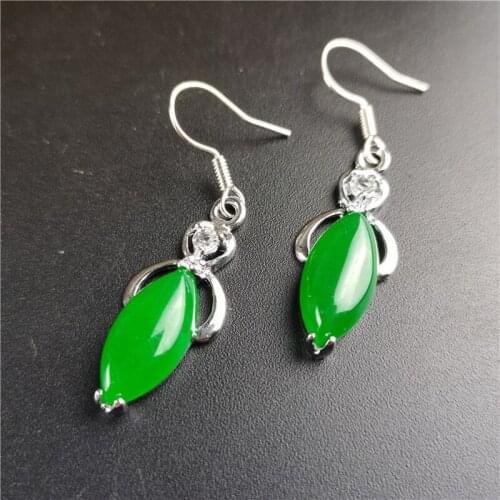 Natural Green Chalcedony Hand Carved 925 Silver Inlaid Drop Earrings Fashion Jewelry Mens and Womens Earrings