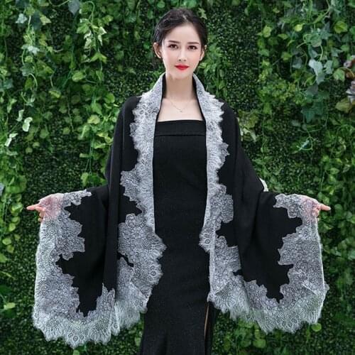 Women Autumn Pashmina Elegant Large Scarf Vintage Evening Dress Shawl Wrap Eyelash Floral Lace Edge Wedding Stole Cape