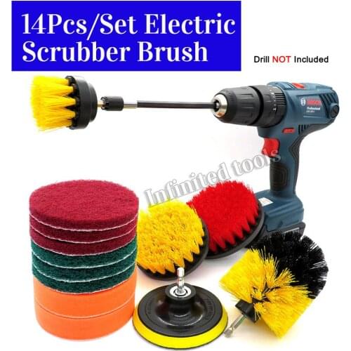 14Pcs/Set Electric Scrubber Brush Drill Brush Kit Plastic Round Cleaning Brush For Carpet Glass Car Tires Nylon Brushes