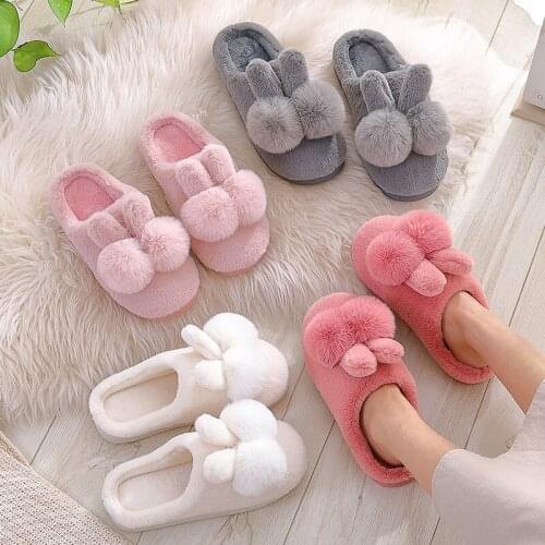 Women Flat Fluffy Rabbit Ears Slippers Woman Cute Casual Home Warm Plush Slip On Ladies Comfortable Cotton Shoes Female Coupl