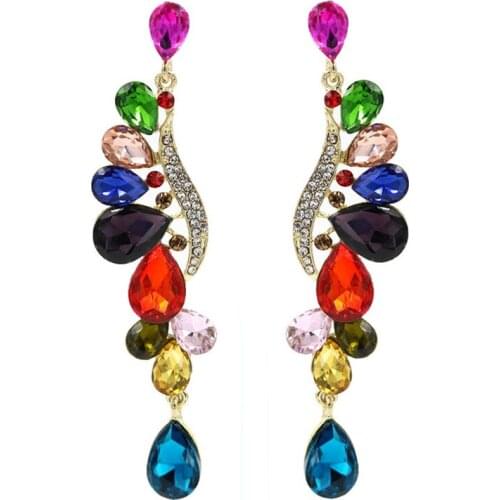 Gorgeous Multicolor Waterdrop Shape Crystal Bridal Long Drop Earring Wedding Big Earrings for Women Prom Jewelry Accessories