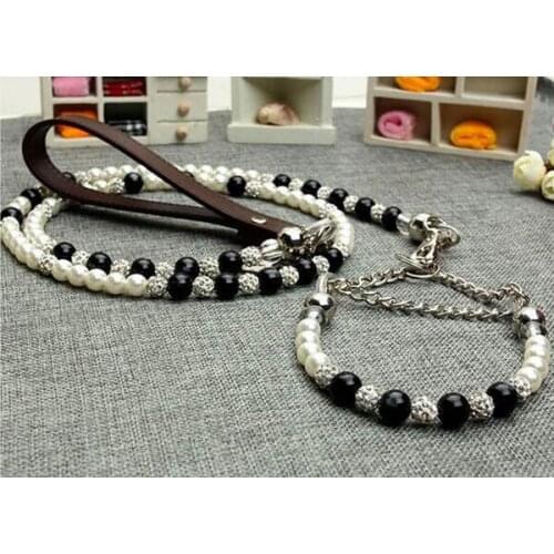 High grade dogs luxury diamond ball black white pearl collar lead set doggy fashion collars leash suit pet dog jewelry 1pcs