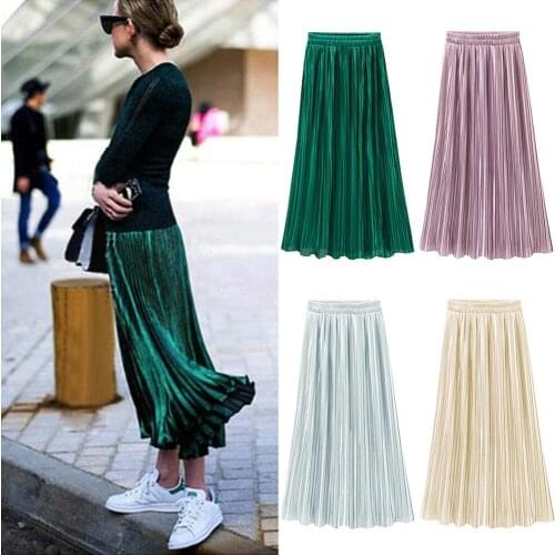 Spring Summer Pleated Skirt Womens Vintage High Waist Skirt Solid Long Skirts New Fashion Elastic Metallic Skirt Female