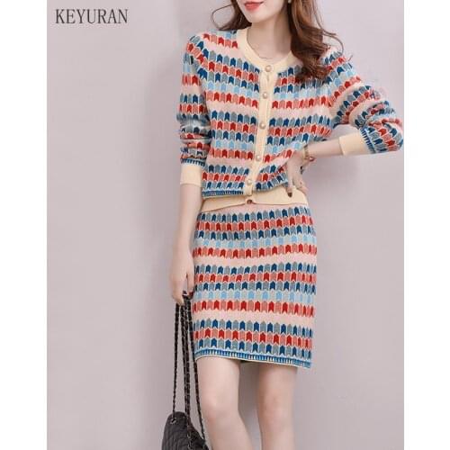 Women Knitted Cardigan Sweater Skirts 2 Piece Set Outfits Striped Long Sleeve Female Woman Knitted Sweater Tops Skirt Sets