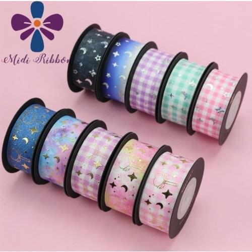 4 Yards/Roll 25mm Stock Ribbon 10 Colors Optional Moon Star Printing Pattern Checkered Ribbon Packaging Hair Knot Material