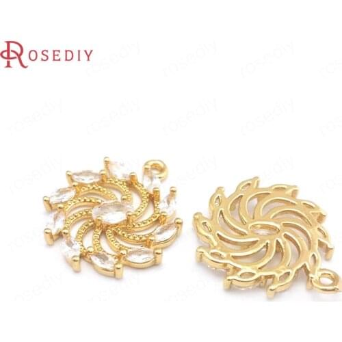 40695)6PCS 20.5x17MM 24K Champagne Gold Color Brass and Zircon Flower Charms Pendants Jewelry Making Supplies Diy Accessories