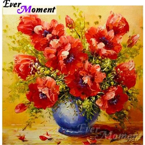 Ever Moment 5D DIY Diamond Embroidery Red Flower In Vase Diamond Mosaic Full Square Drills Artwork Home Decoration ASF1139