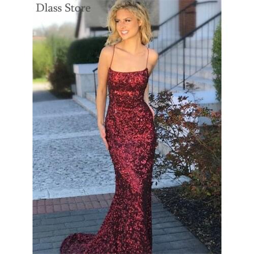 Burgundy Prom Dresses 2020 New Spaghetti Straps Scoop Neck Sequins Sweep Train Simple Sexy Evening Dress вечерние платья