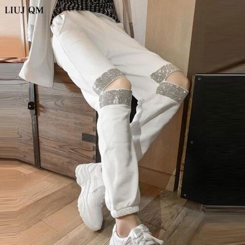 Casual Pants Women Autumn 2020 New European Knees Hot Drilling Korean Loose Sports Hip Hop Women Pants Vintage Elastic Waist