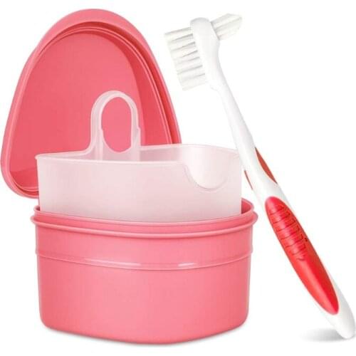 Denture Bath Case Cup with Brush Dental Tooth Box Holder Storage Soak Cleaning Container