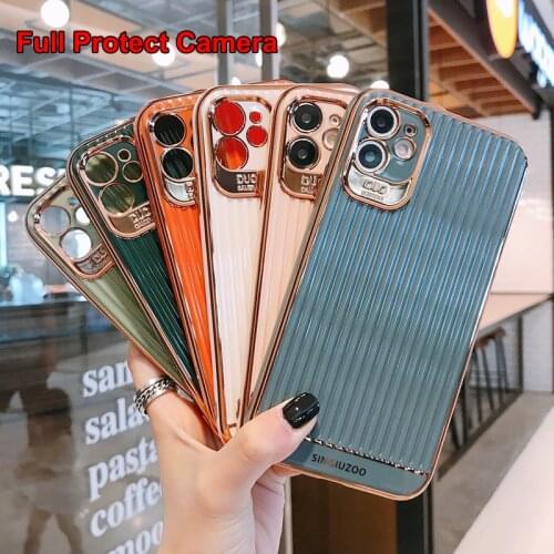 For iPhone 11 Pro Max 11Pro XS Max XR X 7 8 Plus SE 2020 Case Striped Plating Soft Camera Protecter Cover for iPhone SE2 Funda