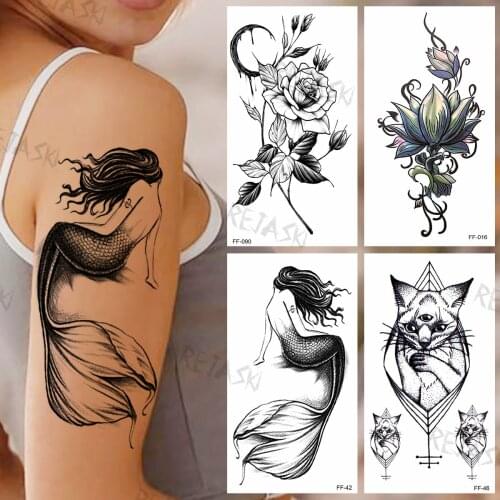 Black Mermaid Temporary Tattoos For Women Girls Realistic Cat Rose Lotus Fake Tattoo Sticker Sexy Arm Back Tatoos Summer Style