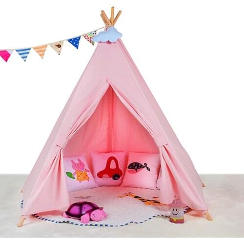 Pink teepee kid play tent white fabric teepee children bed tent indoor and outdoor