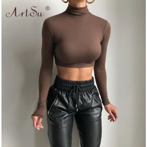 ArtSu Basic Casual Women Solid Turtleneck Tshirt Autumn Winter Stretch Undershirt Female All-Match Skinny Crop Tops Streetwear