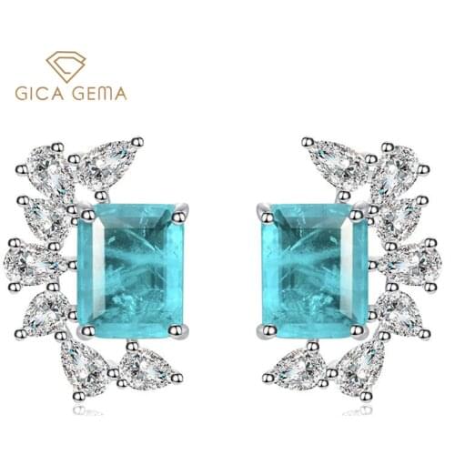 GICA GEMA 925 Sterling Silver Paraiba Tourmaline Gemstone Diamonds Earrings Ear Studs Fine Jewelry Gift Wholesale